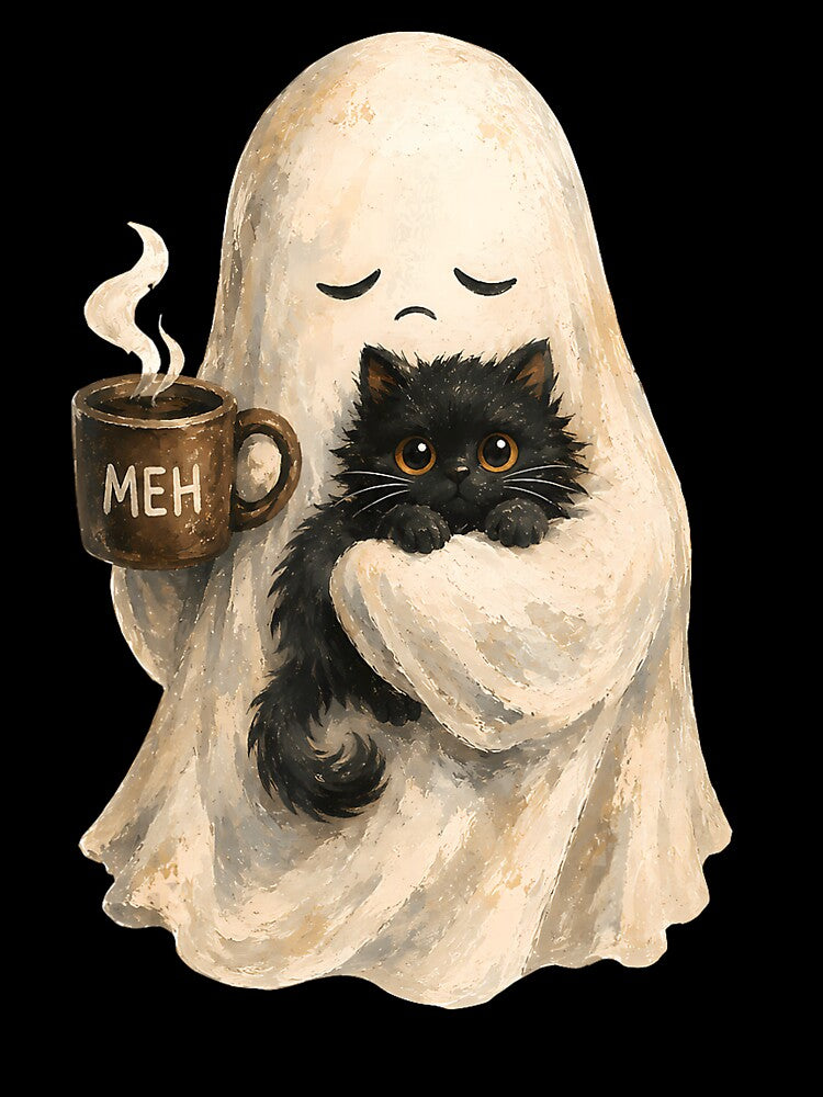 Cozy Ghost Hugging Black Cat with Coffee Halloween by VioletNance