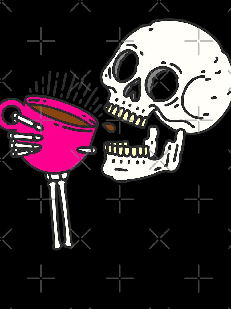 halloween coffee drinking skull skeleton pink by Gossip Rag