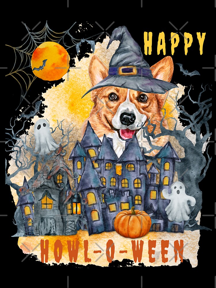 Corgi Happy Howl-o-ween Ghost Houses Funny Watercolor by Cuddlythopia