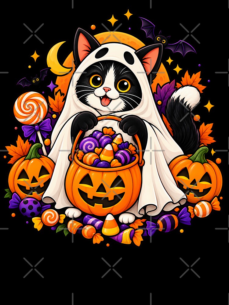 Cute Halloween Ghost Cat Pumpkin Candy by Retro Whiskers