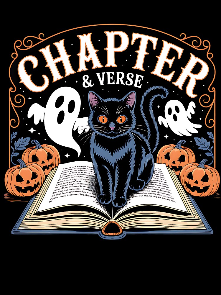 Chapter & Verse Black Cat Reading Halloween Spooky Bookworm Design by NSB-Design