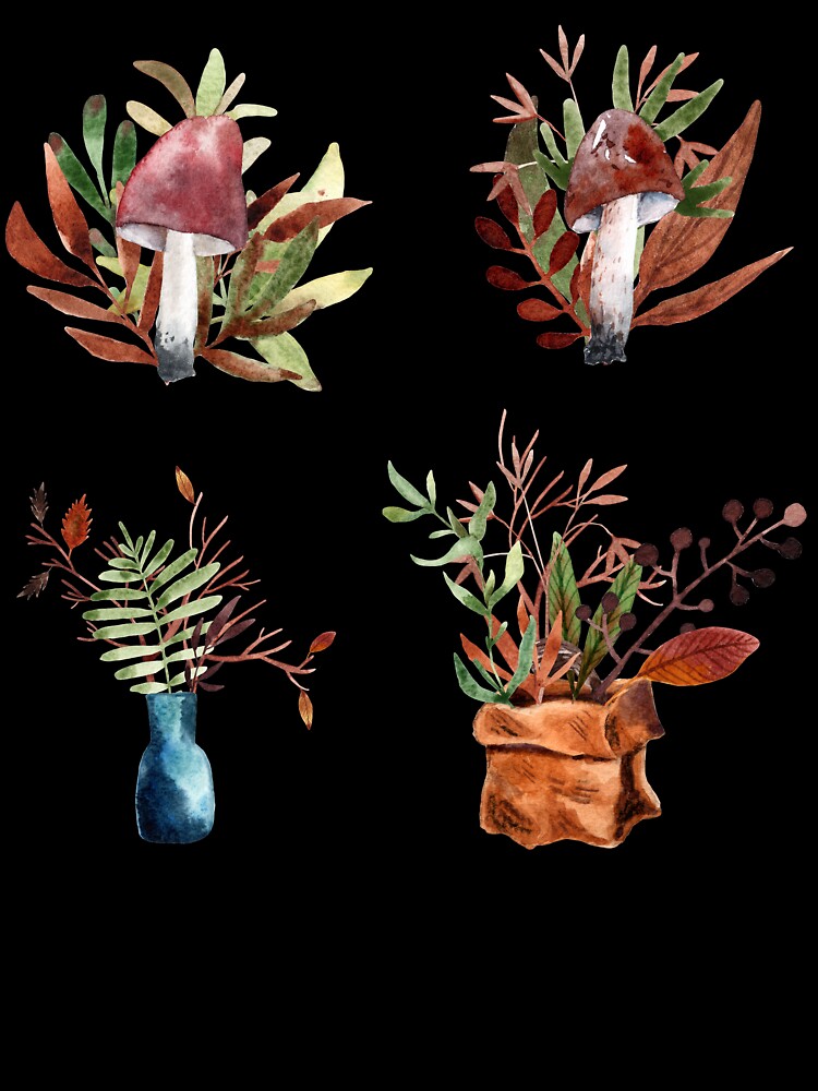 Watercolor Autumn Leaves and Fungi by Jennifer Church