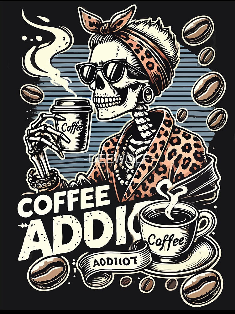 Vintage Skeleton Coffee Addict - Leopard Print Cool Retro Design by -DEEWOLF-
