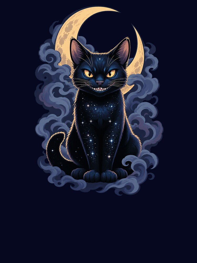Mystical Black Cat with Crescent Moon – Cosmic Halloween Cat Print by SilentPowerArt