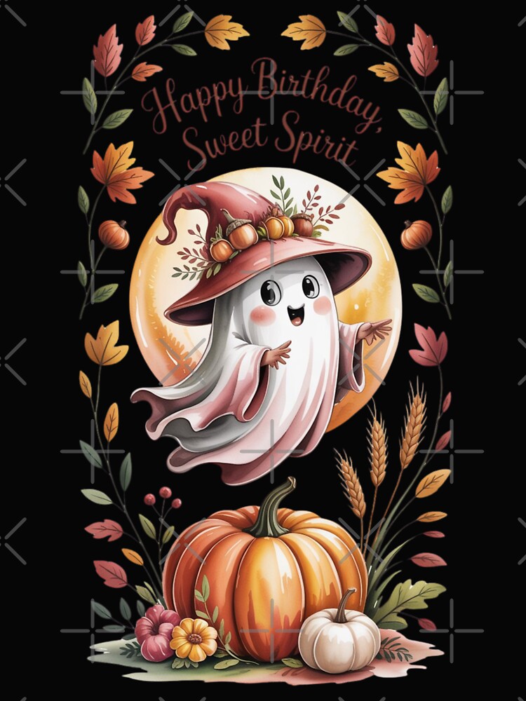 Whimsical Autumn Ghost with Pumpkin T-shirt and Woodland Flowers – Cozy Fall Illustration T-shirt , sticker by 5CatDesign