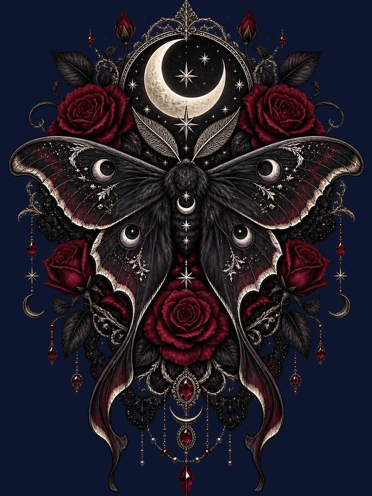 Gothic Moth with Roses and Crescent Moon – Dark Romantic Design by Meentoos_1