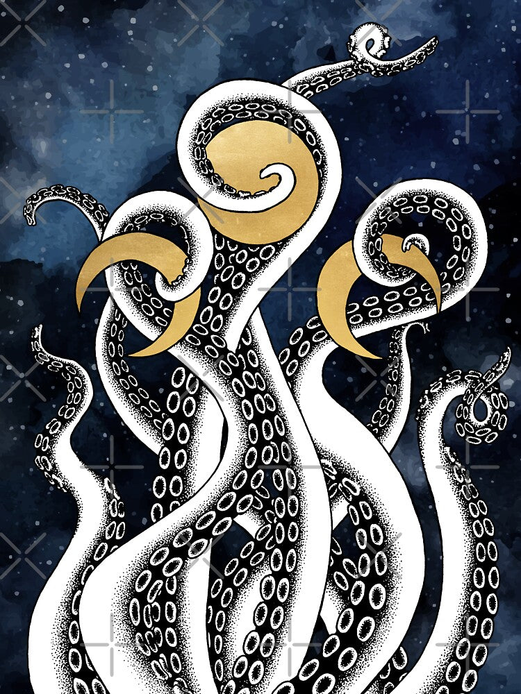 Esoteric cyberpunk kraken illustration with tentacles and moon phases by RedFinchDesigns