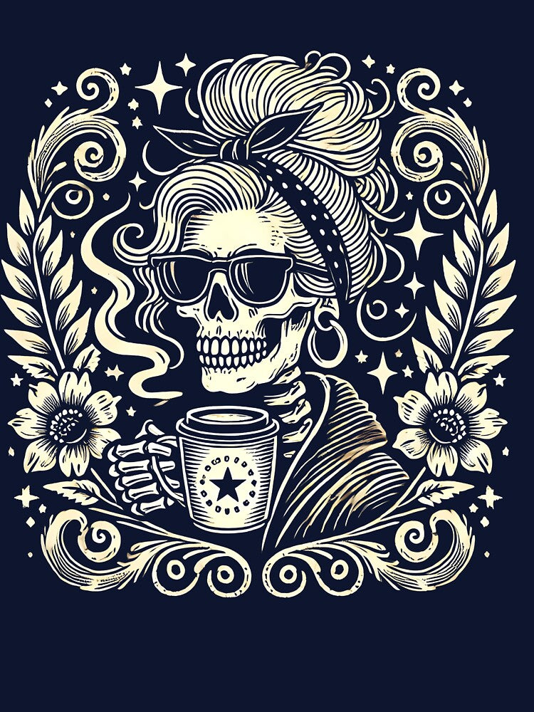 Vintage Skull Woman Drinking Coffee with Floral Frame by Nalin-Design