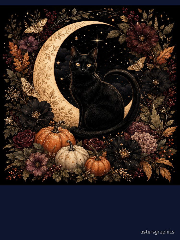 Botanical Black Cat – Celestial Autumn Moon Garden Art by astersgraphics