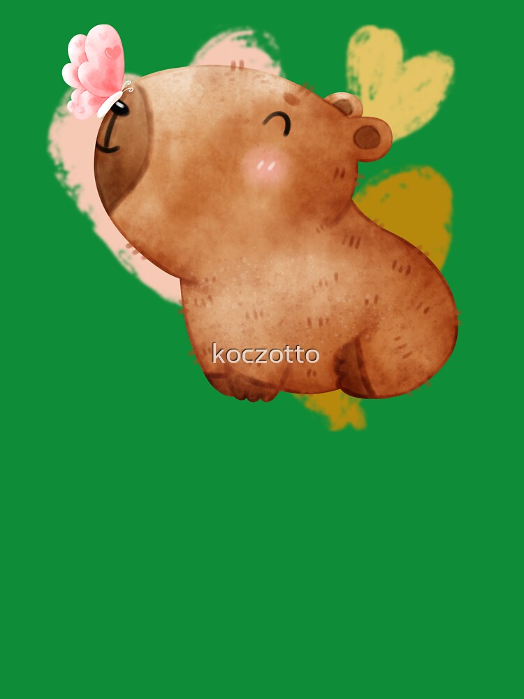 The sweet capybara with a butterfly on its nose, with pastel hearts in the background. by koczotto