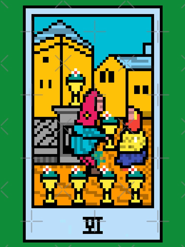 Wait, is this pixel art tarot? Green - Minor Arcana 'Six of Cups' (Design for T-shirt, stickers and other accessories) by Pixel Waite