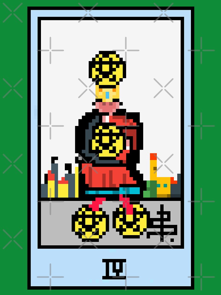 Wait, is this pixel art tarot? Green - Minor Arcana 'Four of Pentacles' (Design for T-shirt, stickers and other accessories) by Pixel Waite