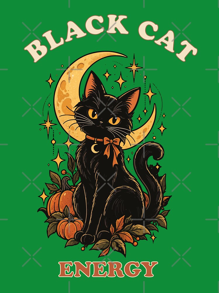 Black Cat Energy Vintage Halloween Cat T-Shirt by jananinaveen