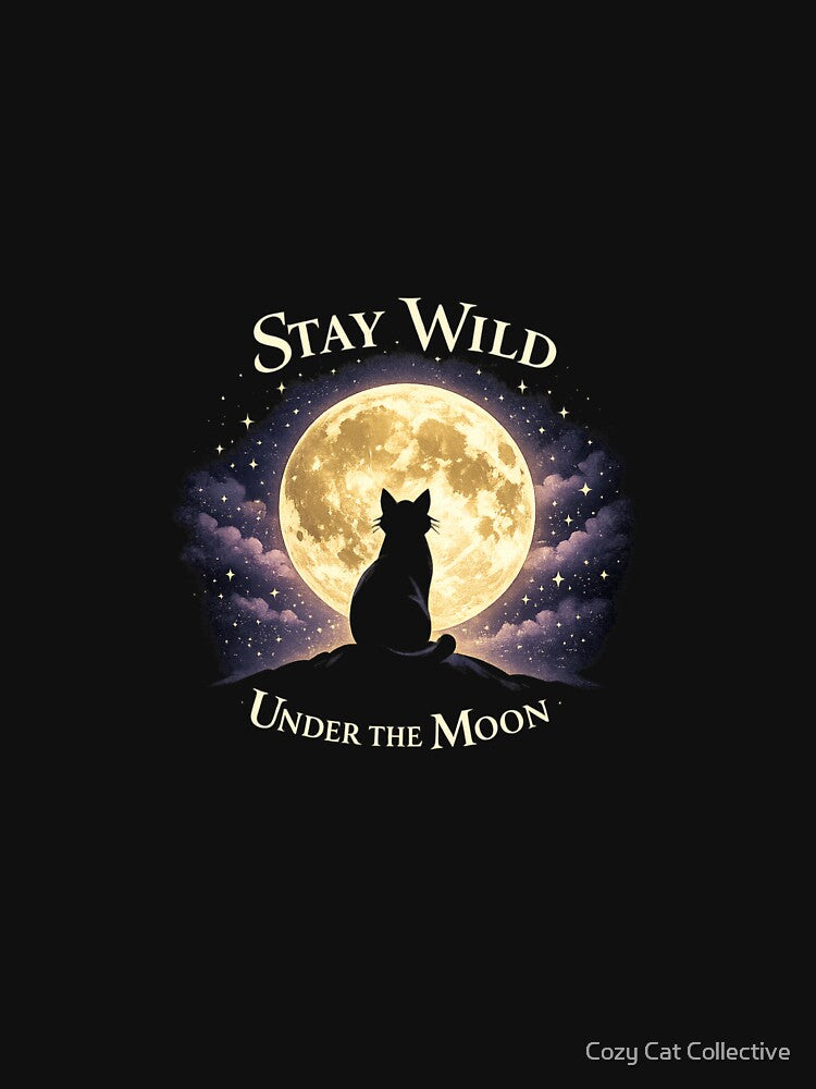 Stay Wild Under the Moon – Moon Cat Silhouette Aesthetic T-Shirt for Cat Lovers by Cozy Cat Collective