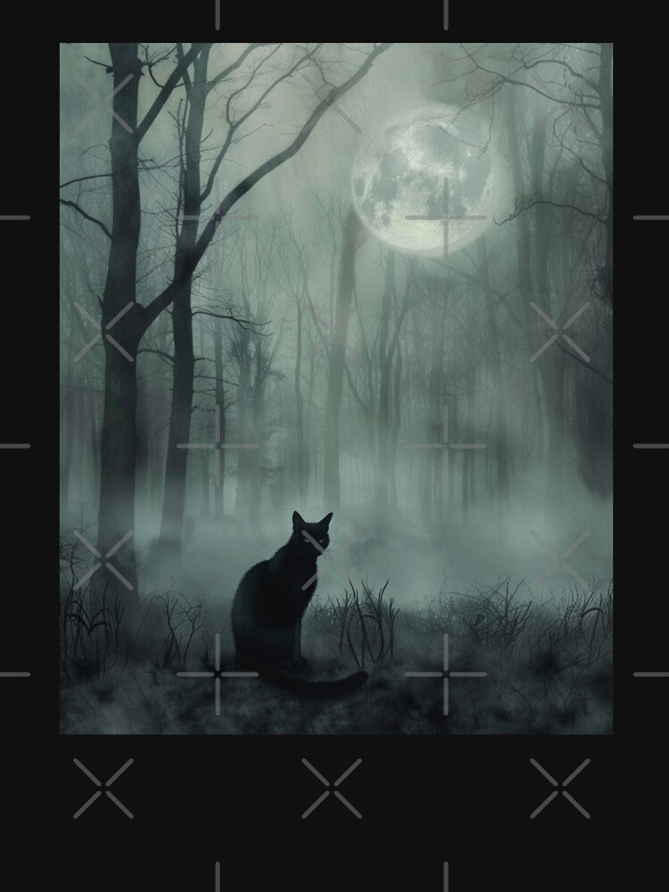 Black Cat Gray Foggy Woods Full Moon by InspiredbyOllie