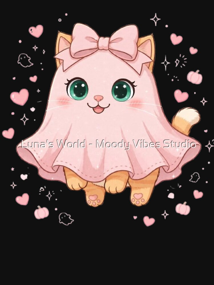 Cute Pink Ghost Cat Halloween Kawaii Spooky Season Kitty by Luna's World - Moody Vibes Studio