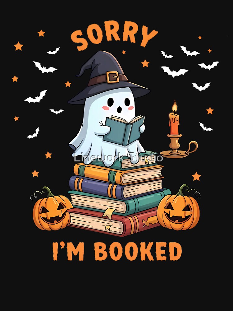 Sorry I'm Booked Cute Ghost Reading Halloween Pun by Linework Studio