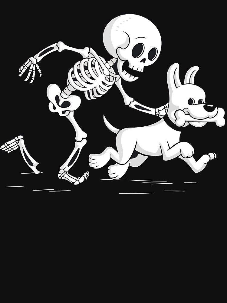 Funny Skeleton and Dog Chase Halloween Humor by Oualid Art