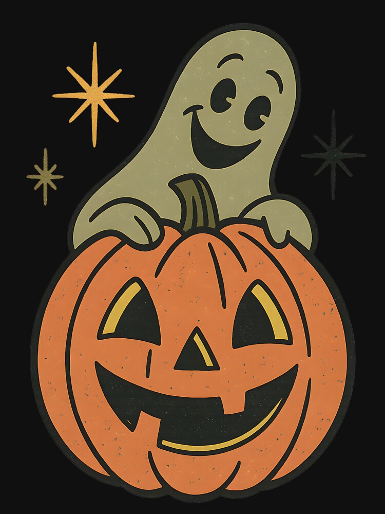 Vintage Mid-Century Pumpkin Ghost Halloween Tee & Sticker – Retro Spooky Design by GeniePixel