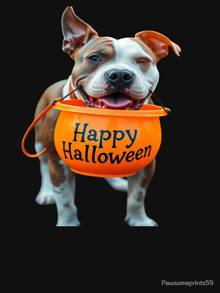 Pitbull Holding Pumpkin Pail Happy Halloween Design by Pawsomeprints59