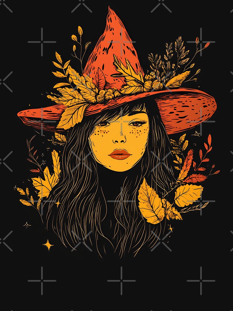 Cute girl, wearing an orange pointed hat decorated with floral ornaments, autumn mood, spooky season t-shirt by katerynaS99