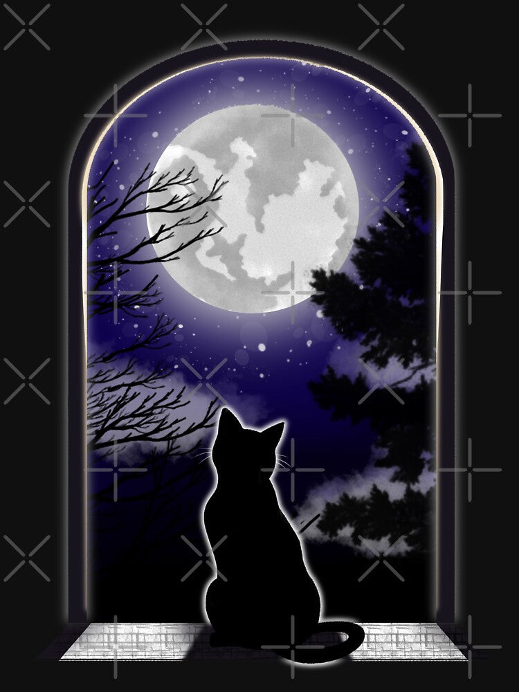 Black cat looking at the moon by bunnydajiu