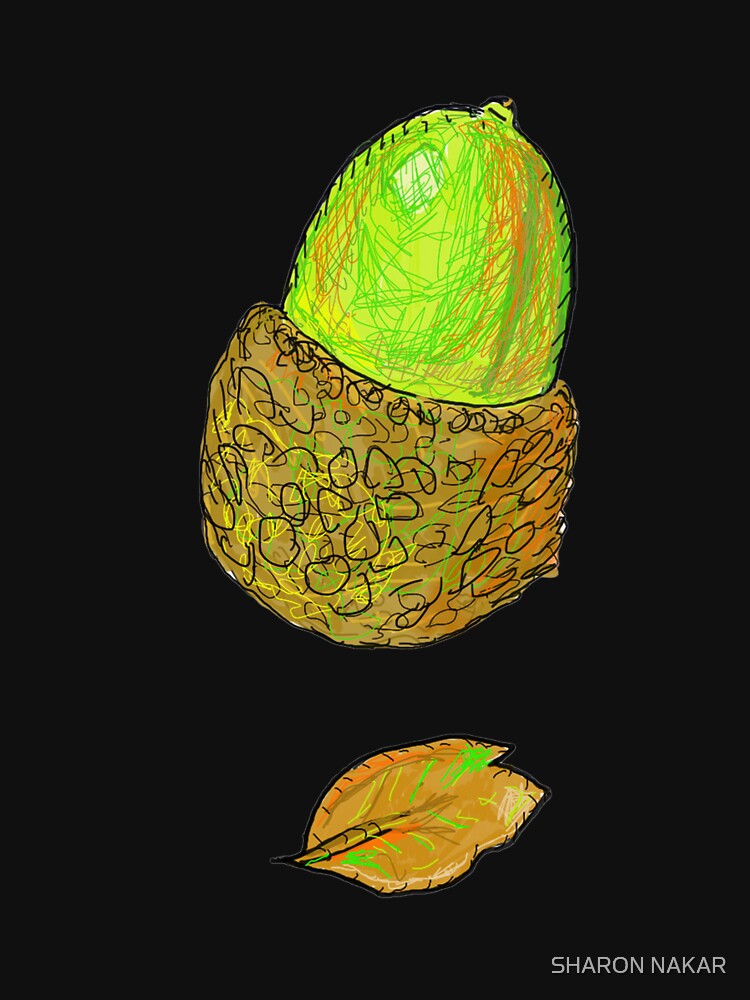 Green acorn and brown autumn leaf by SHARON NAKAR