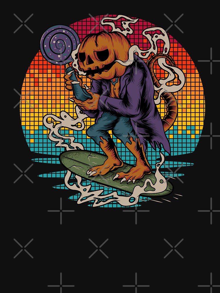 Halloween Retro Pumpkin Surfer in Pixel Sunset by BeansHotTees