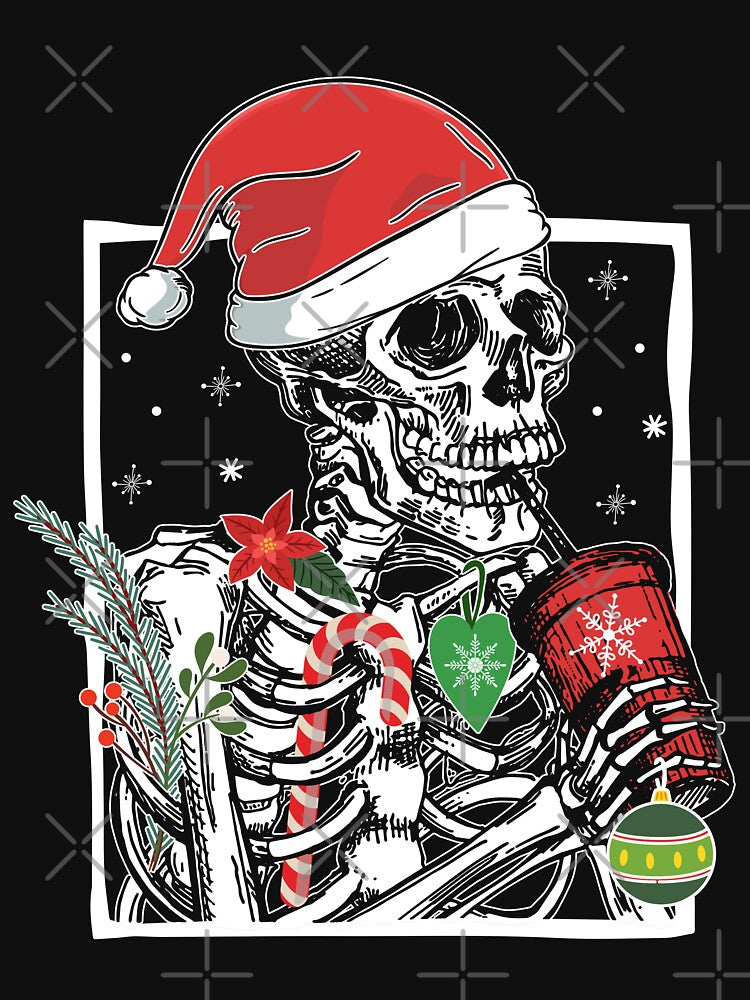 Christmas Skeleton Smiling Skull Drinking Coffee Santa Hat by RikoAiba