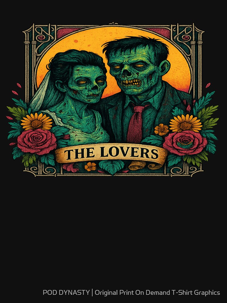 Zombie Lovers Tarot Card T-Shirt | Gothic Horror Couple Tee | Undead Bride & Groom Graphic Shirt | Halloween Gothic Romance Gift by POD DYNASTY | Original Print On Demand T-Shirt Graphics