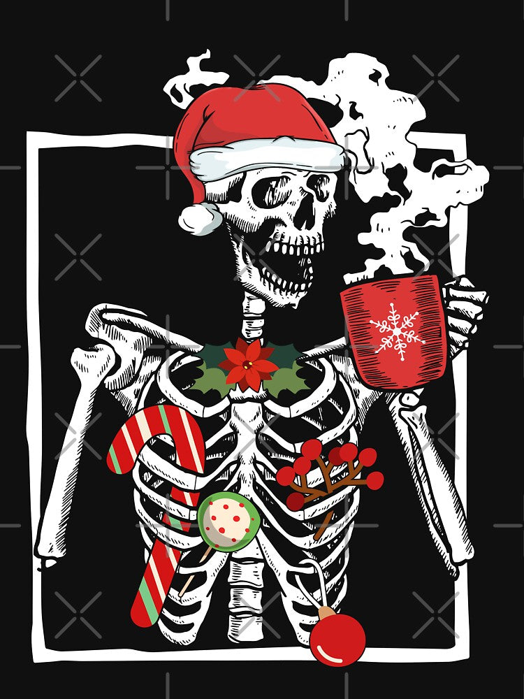 Smiling Skeleton Skull Drinking Coffee Latte Christmas Cafe by RikoAiba