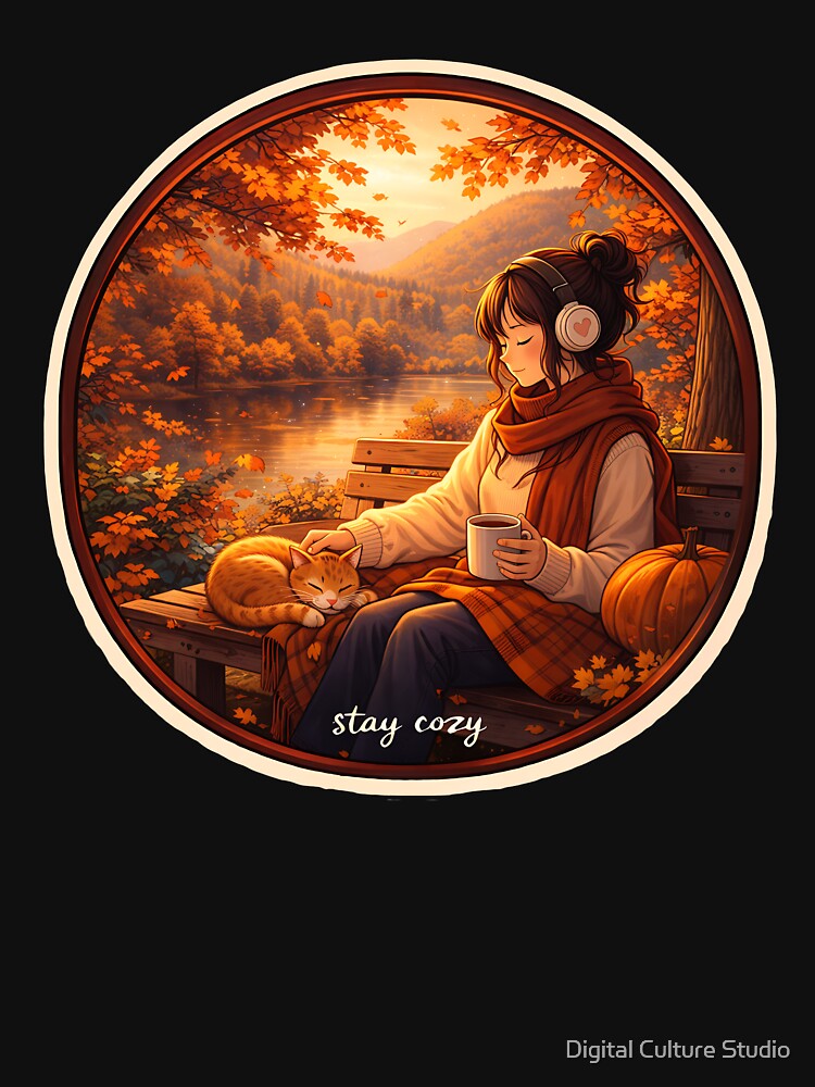 Cozy Autumn Vibes ? Lofi Girl With Cat Fall Aesthetic Art by Digital Culture Studio