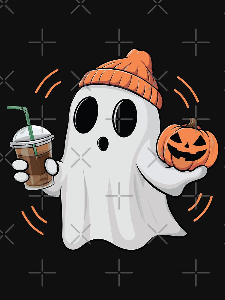 Funny Cute Ghost with Pumpkin & Iced Coffee Halloween by Nordo Studio