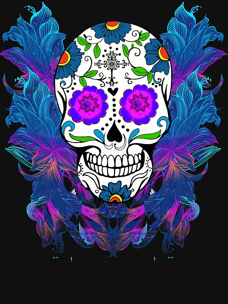 Blue Purple Floral Sugar Skull Day Of The Dead by Atteestude
