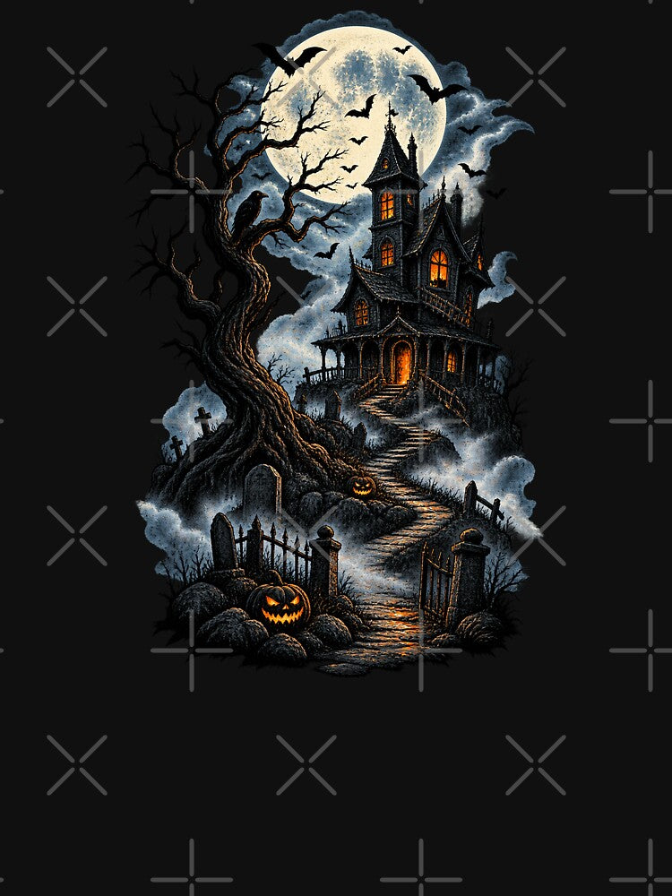Haunted House on the Hill – Gothic Halloween Mansion Art by Stinky Lincy's Apparel Company