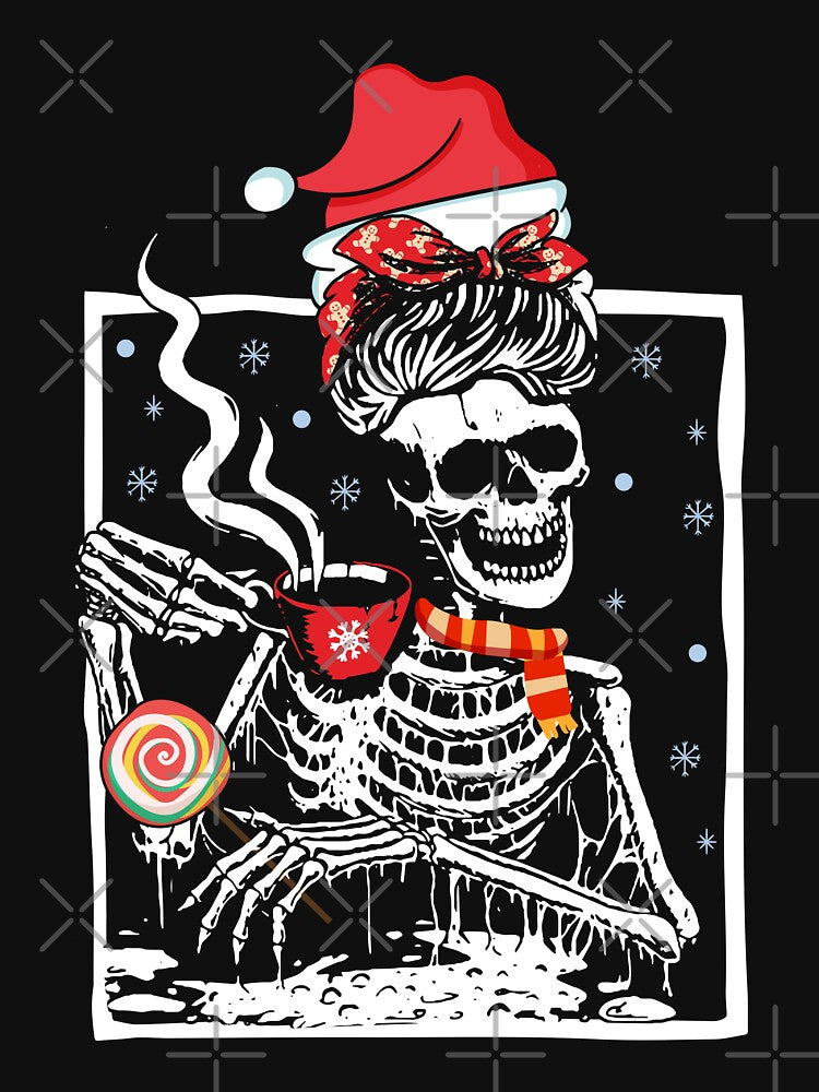 Christmas Skeleton Messy Bun Smiling Skull Drinking Coffee Latte by RikoAiba