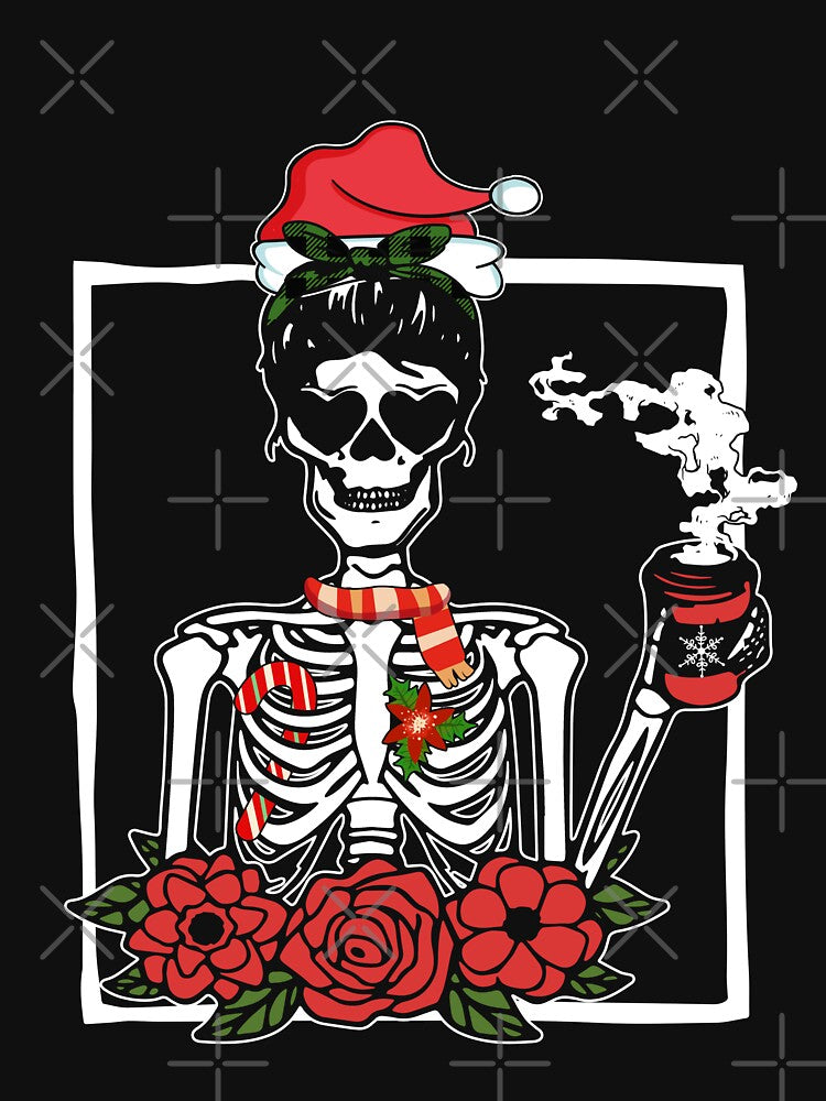 Christmas Skeleton Messy Bun Smiling Skull Drinking Coffee Latte Women Girls by RikoAiba