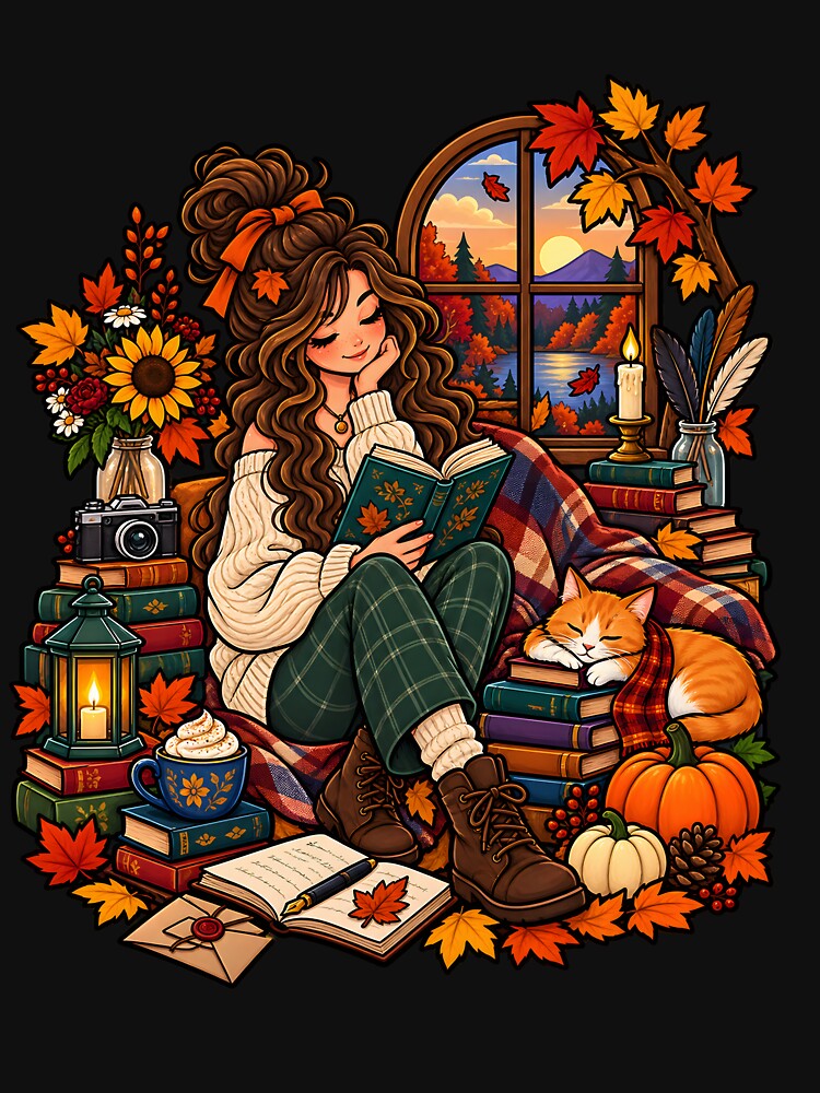 Cozy Autumn Book Lover Girl Reading with Cat Fall Leaves by Tbenghali
