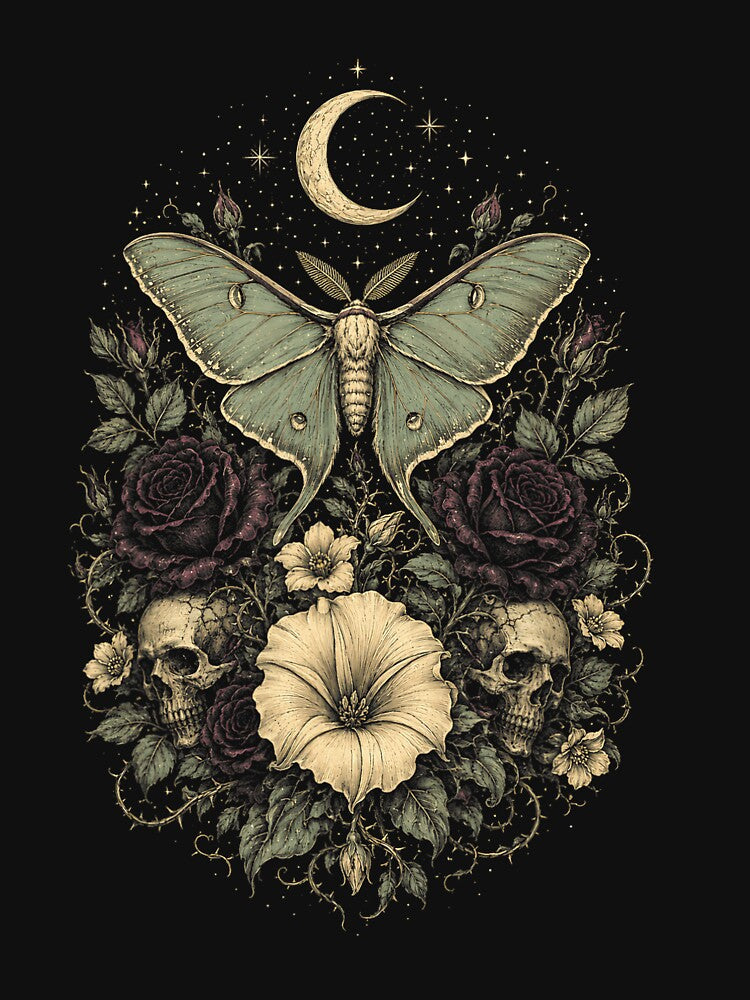 Gothic Luna Moth with Skulls Roses and Crescent Moon by NoeValdric