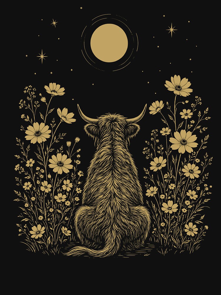 Highland Cow Moon Night Flower Minimalist Boho Lover by DoodleTortle
