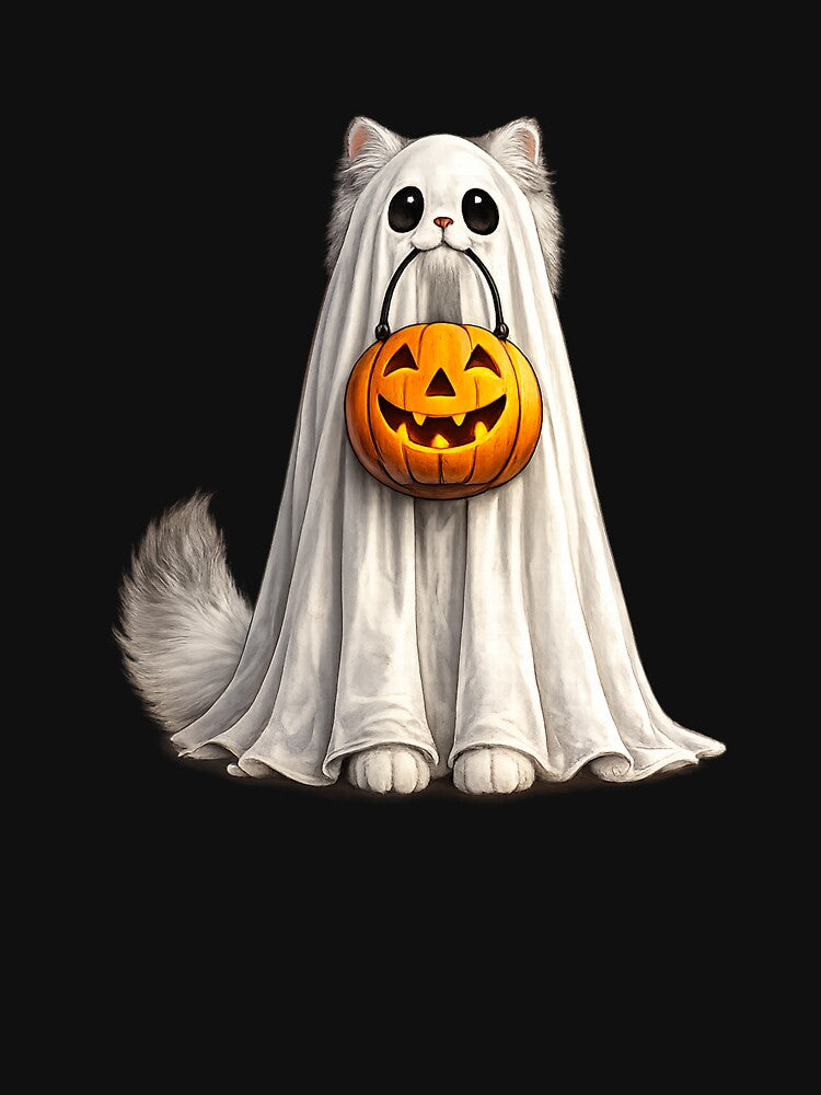 Cute Ghost Cat Halloween Pumpkin Trick or Treat Kitty Shirt by HectorStore11