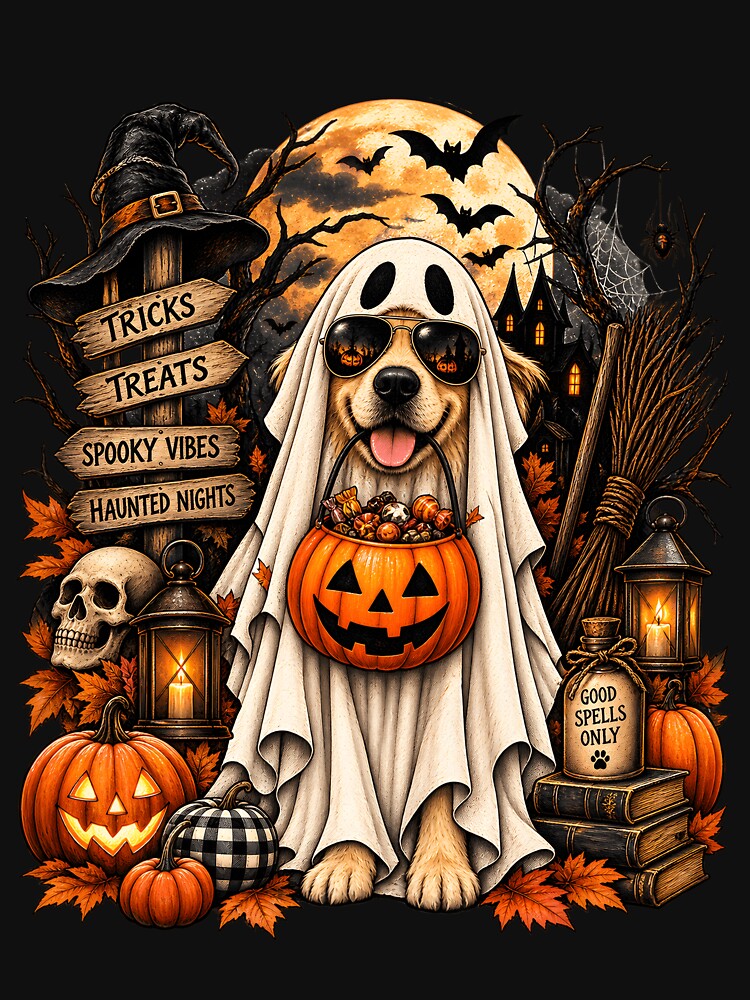 Halloween Ghost Dog - Golden Retriever Spooky Tricks Treats Design by Lozarux