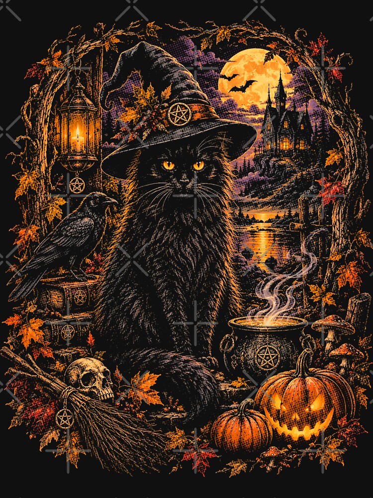 Mystical Black Cat Halloween Night Haunted Forest Pumpkin Moon Vintage Gothic by SOUFIANE1991