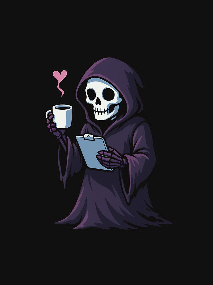 "Grim Reaper Coffee Break – Cute Skeleton with Steam Heart" by ColorSplash123