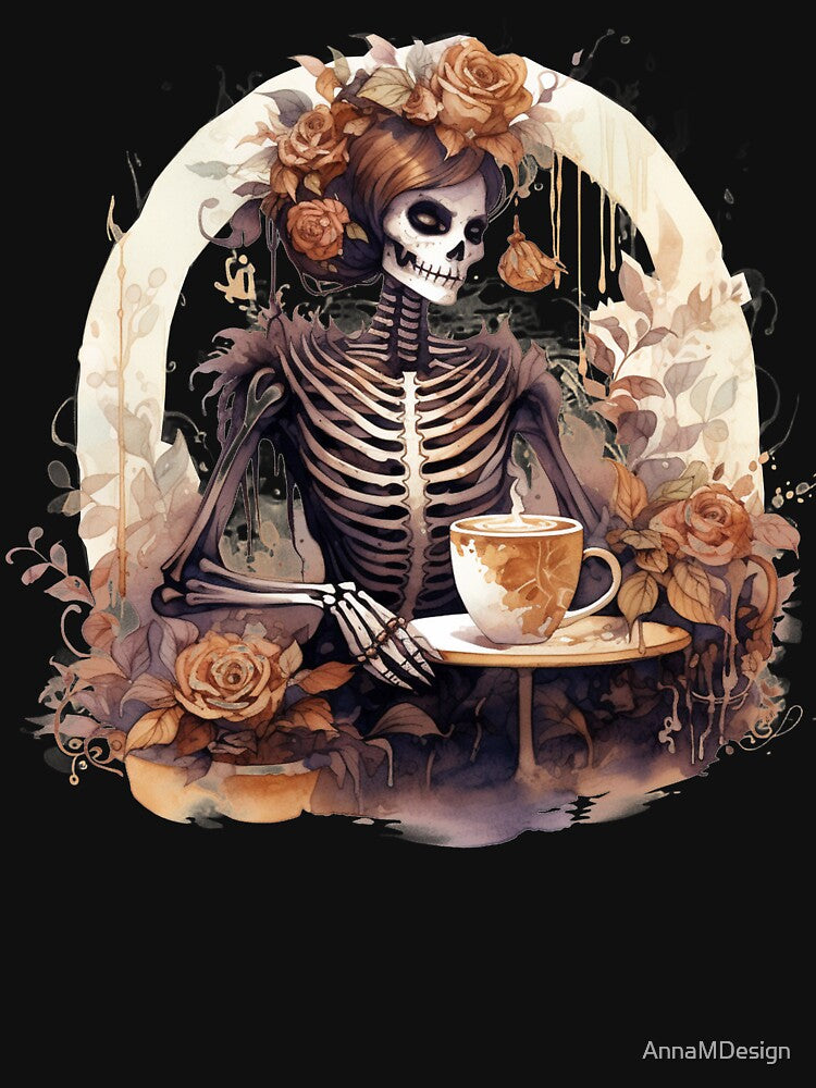 Halloween Woman Vintage Skeleton Drinking Coffee Watercolor Style by AnnaMDesign