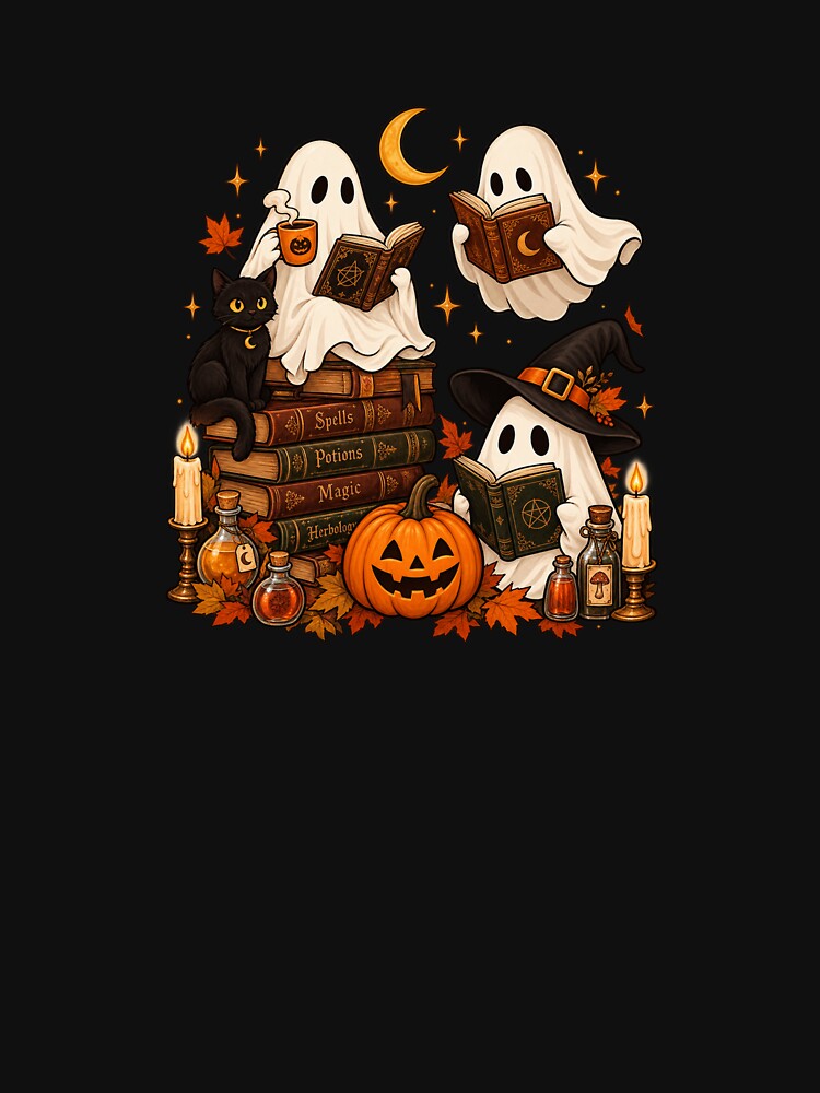 Cute Spooky Ghost Reading Vintage Books Halloween Book Lover by Whirx