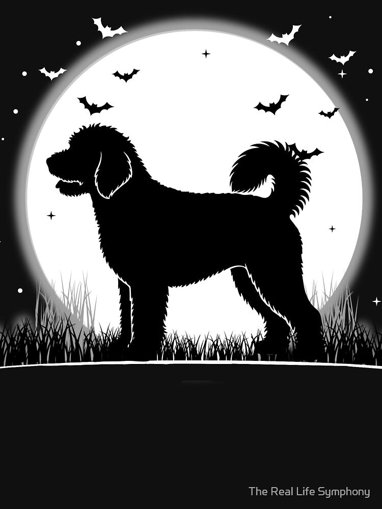 Aussiedoodle Dog – Halloween Moon Silhouette by The Real Life Symphony