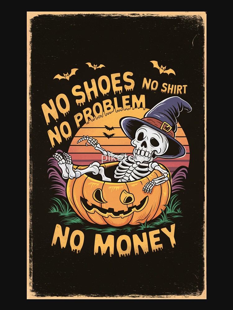Funny Halloween Vibes at Sunset - Skeleton in Pumpkin Slice T-Shirt Design by piketo