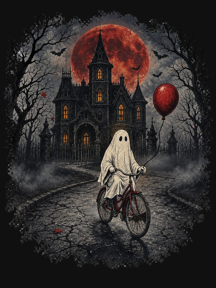 Ghost Riding Bike With Red Balloon In Front Of Haunted House by DYALEEZ-XCR