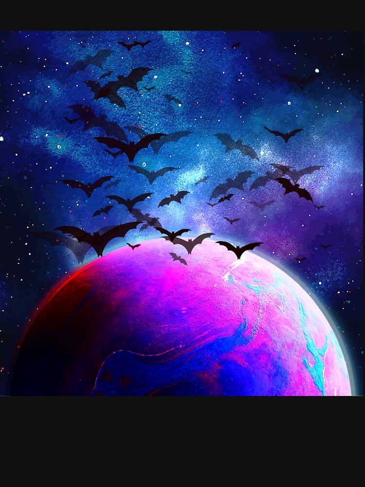 surreal cosmic planet with flying bats galaxy by FahdSpaceArt